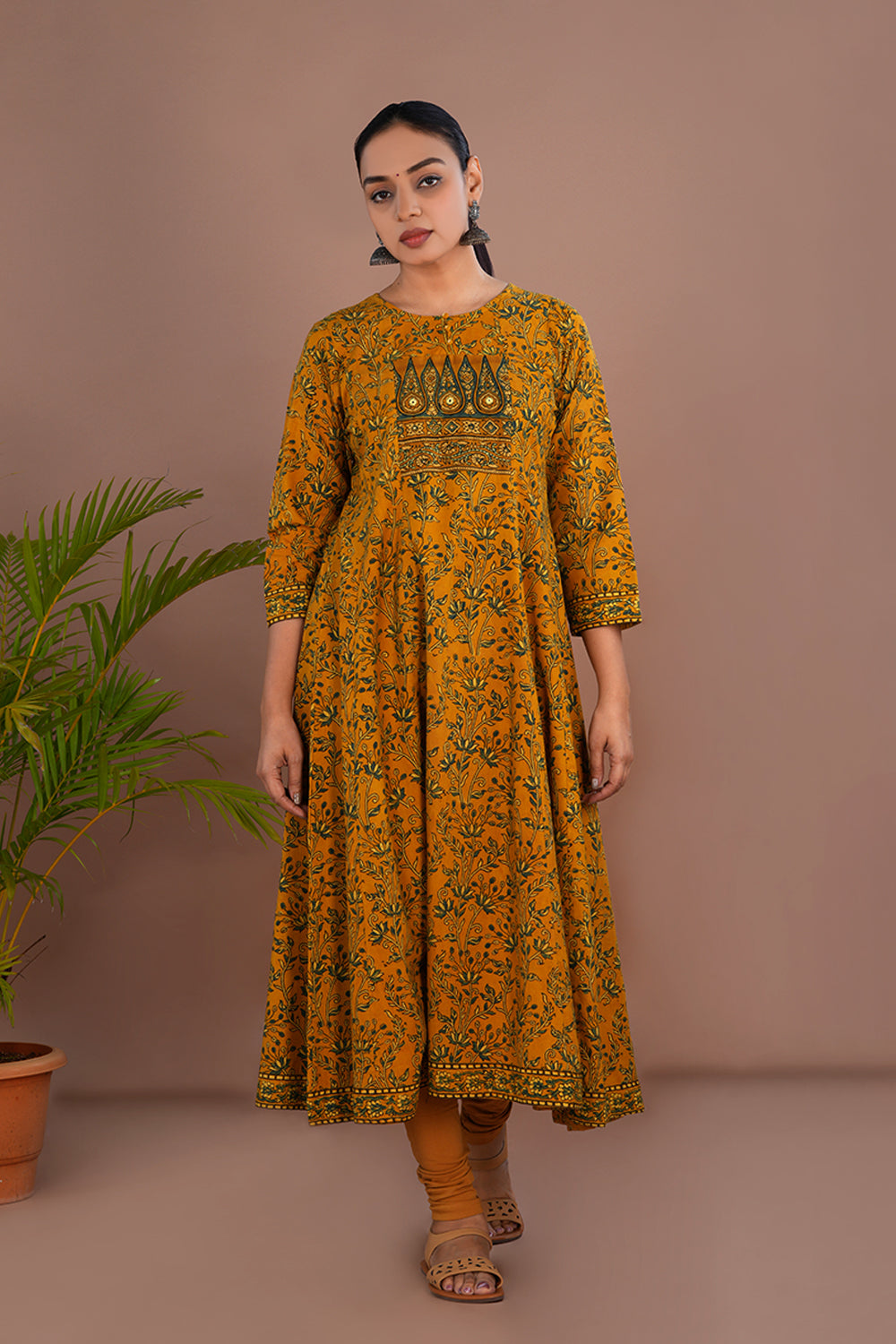 Image of Yellow floral Ajrak handblock printed long kurta